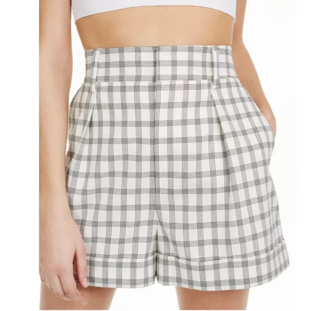 Danielle Bernstein Womens‎ Plaid Shorts, Ivory Plaid High Waist